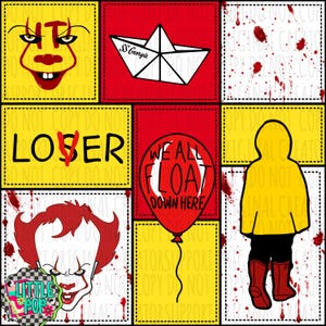 May include: A multi-panel graphic design featuring a clown face, a paper boat labeled SS Georgie, the text LOSER, a red balloon with the text WE ALL FLOAT DOWN HERE, and a silhouette of a person in a yellow raincoat, all accented with red blood splatters.