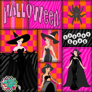 May include: A digital graphic featuring the text HALLOWEEN and SPOOKY GANG with illustrations of four characters in black witch costumes, a spider, and backgrounds of pink and orange stripes, zebra patterns, and checkered squares.