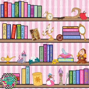 May include: A digital illustration of four wooden shelves against a pink striped background, featuring various colorful books with titles, a gold pocket watch, a wooden hook, a red apple, a candelabra, a compass, a mirror, a gold lamp, a lizard, a glass slipper on a pillow, a clock character, a lantern, a tower, and a fork.