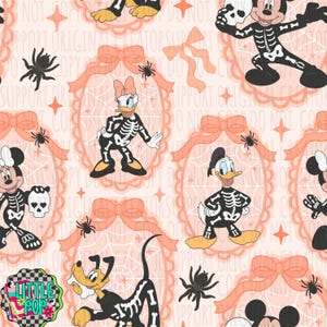 May include: A repeating pattern featuring Disney characters wearing black skeleton costumes, including Mickey Mouse, Minnie Mouse, Daisy Duck, Donald Duck, and Pluto. The design includes peach-colored ornate frames with bows, spider webs, and black spiders.