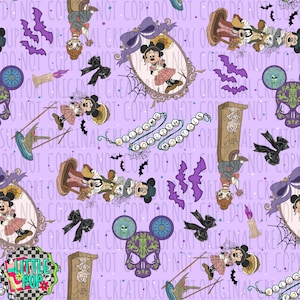 May include: A repeating pattern on a light purple background featuring Minnie Mouse in a framed mirror, black bows, purple bats, lit candles, tombstones, and a skull with Mickey ears. The text reads Welcome Foolish Mortals and Little Pop.
