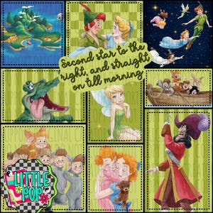 May include: A digital collage featuring Peter Pan characters including Peter, Wendy, Tinker Bell, Captain Hook, and a crocodile. The text reads, Second star to the right, and straight on till morning. The design includes scenes of Neverland, a pirate ship, and children in animal costumes.