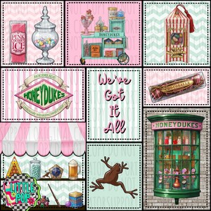 May include: A digital collage featuring Honeydukes candy shop elements including a pink coconut ice bar, a glass jar of sweets, a teal cart, a striped bean box, a logo, the text We've Got It All, chocolate balls, a shop window, and a chocolate frog.