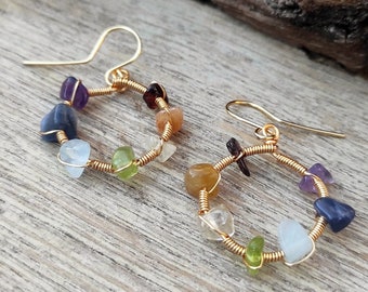 Seven Chakra Round Hoop Earrings, Dangle Earrings, Gold and Silver Wire Wrap Crystal Earrings, Hypoallergenic Earrings