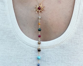 Sonnensystem Halskette, Y Halskette, Draht gewickelt Kristall Halskette, Gold Edelstahl Halskette, lange Halskette