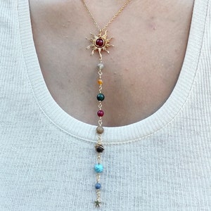 Zonnestelsel ketting, Y ketting, Wire Wrapped Crystal ketting, gouden roestvrijstalen ketting, lange ketting afbeelding 1