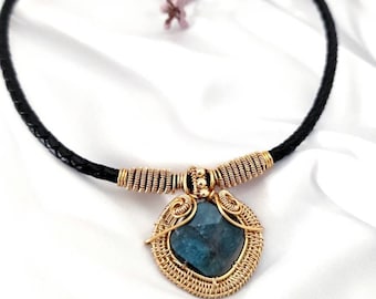 Wire Wrapped Crystal Necklace, Large Gemstone Necklace, Gold Plated Necklace, Black Leather Necklace