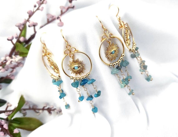 Raw Crystals Earrings Long Dangle Earrings evil Eye Charm