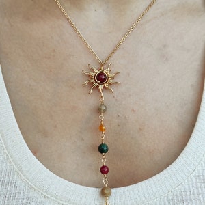 Zonnestelsel ketting, Y ketting, Wire Wrapped Crystal ketting, gouden roestvrijstalen ketting, lange ketting afbeelding 3