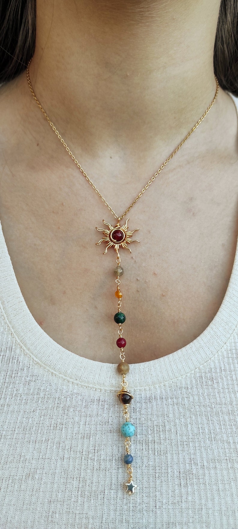 Solar System Necklace, Y Necklace ,Wire Wrapped Crystal Necklace, Gold Stainless Steel Necklace, Long Necklace image 3