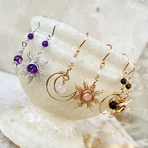 Crystal Sun and Moon Earrings, Dangle Earrings, Wire Wrap Crystal Earrings image 4