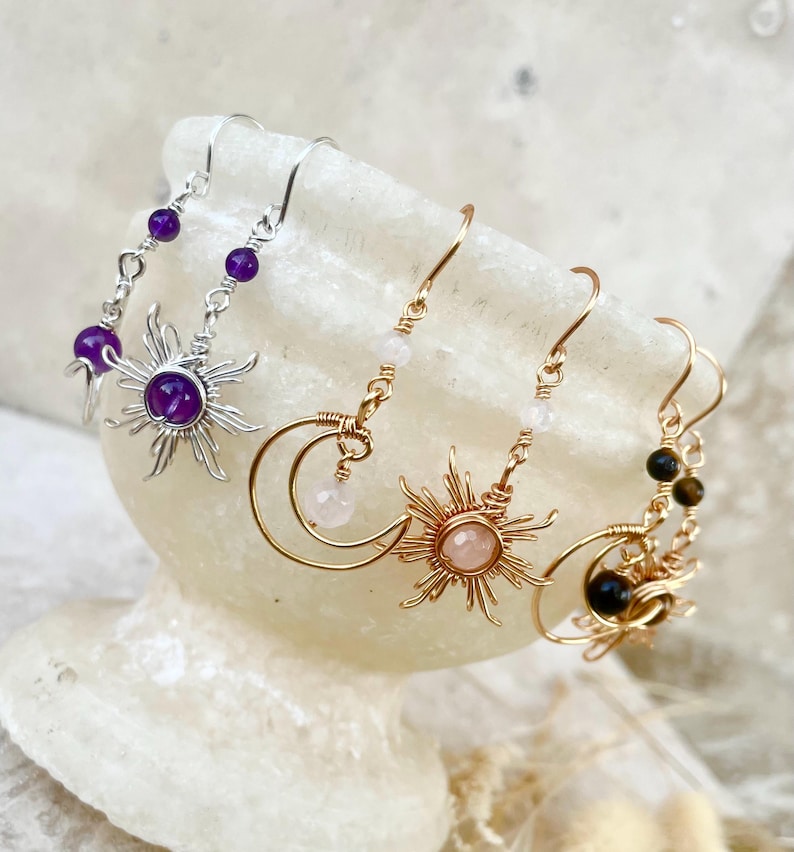 Crystal Sun and Moon Earrings, Dangle Earrings, Wire Wrap Crystal Earrings image 4