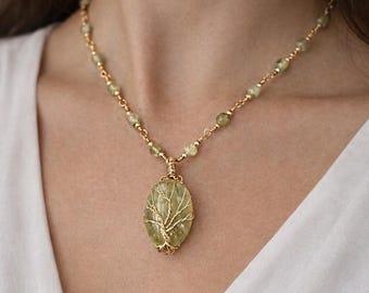Prehnite Crystal Necklace, Wire  Wrapped Tree of Life Necklace, Gold Plated Necklace