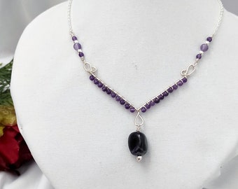 Amethyst Crystal Necklace, Plated Wire Wrapped Crystal Necklace, Silver Stainless Steel Necklace