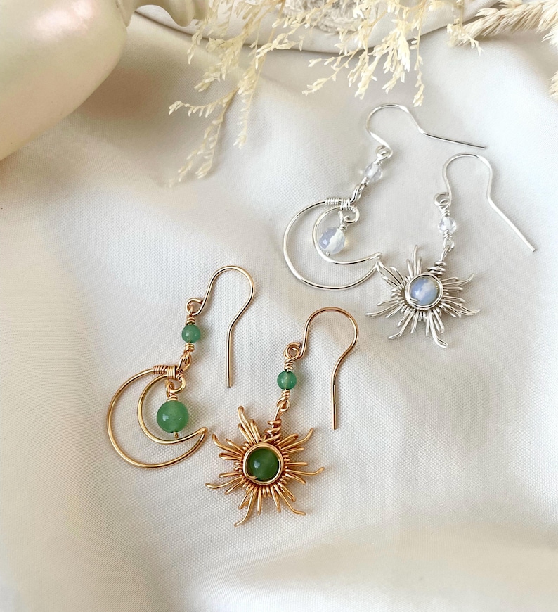 Crystal Sun and Moon Earrings, Dangle Earrings, Wire Wrap Crystal Earrings image 17