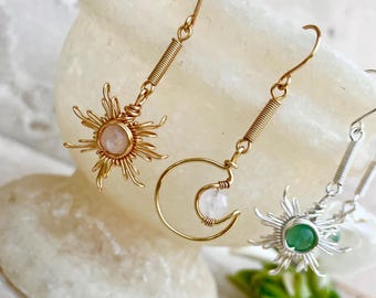 Celestial Sun and Moon Crystal Earrings: Wire Wrapped Dangle Earrings