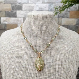 Prehnite Crystal Necklace, Wire  Wrapped Tree of Life Necklace, Gold Plated Necklace