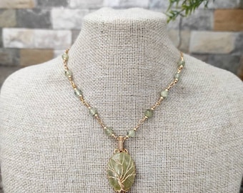 Prehnite Crystal Necklace, Wire  Wrapped Tree of Life Necklace, Gold Plated Necklace