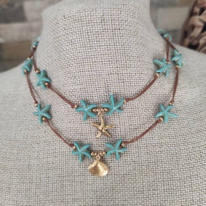 Turquoise Sea Star Shell Choker, Beaded Choker, Beach Necklace with Charm ,Boho Necklace image 5