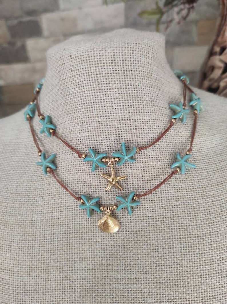 Turquoise Sea Star Shell Choker, Beaded Choker, Beach Necklace with Charm ,Boho Necklace image 5