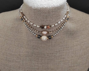 Beaded Choker Necklace with Pearl, Dainty Beaded Choker, White and Gold Beaded Choker, Beaded Necklace, Choker Collar for Women