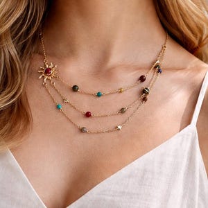 Zonneketting, kristallen ketting, goudkleurige roestvrijstalen gelaagde ketting, ketting met meerdere kettingen