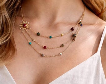Sun Necklace, Crystal Necklace,Gold Stainless Steel Layered Necklace, Multi Chain Necklace