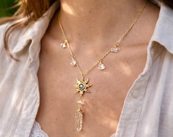 Collana a Y in quarzo ialino grezzo, collana con sole in cristallo di labradorite, regalo di gioielli in cristallo fatti a mano in stile boho per lei
