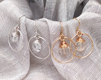 Round Hoop Crystal Earrings, Dangle Earrings, Gold and Silver Wire Wrap Crystal Earrings, Hypoallergenic Earrings