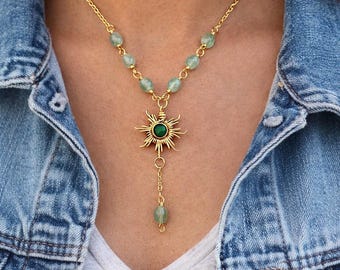 Collier soleil en cristal d'aventurine, véritable collier en pierre précieuse, collier en cristal serti de fil, collier en acier inoxydable, bijou cadeau maman-fille