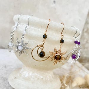 Crystal Sun and Moon Earrings, Dangle Earrings, Wire Wrap Crystal Earrings image 5