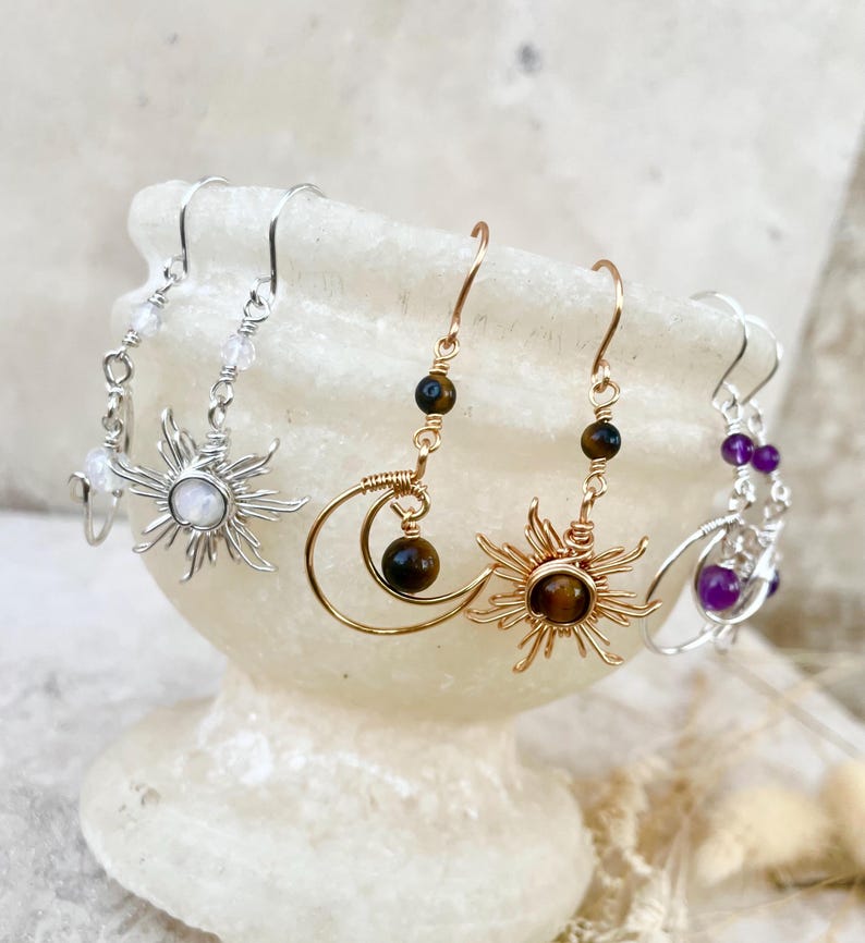 Crystal Sun and Moon Earrings, Dangle Earrings, Wire Wrap Crystal Earrings image 5