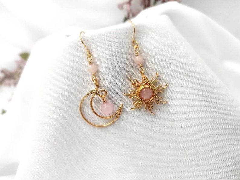 Crystal Sun and Moon Earrings, Dangle Earrings, Wire Wrap Crystal Earrings image 10