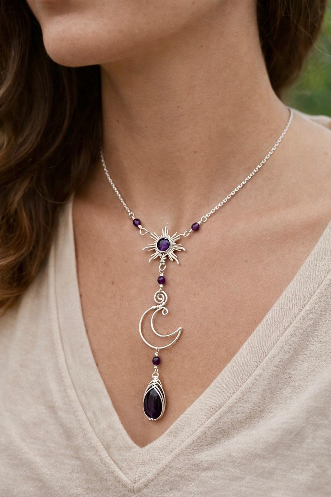 Gold and Silver Sun Moon and Gemstone Choker Necklace, Plated Wire ...