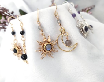 Crystal Sun and Moon Earrings, Dangle Earrings, Wire Wrap Crystal Earrings