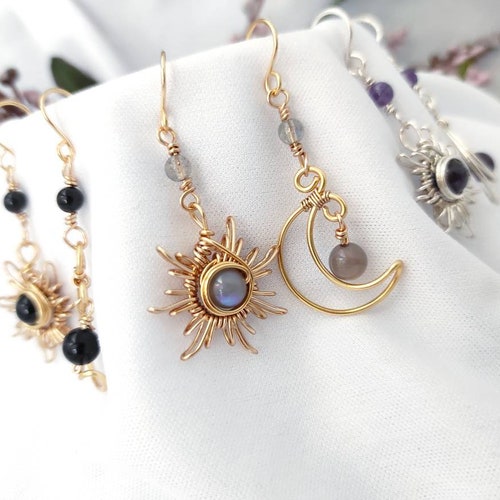 Crystal Sun and Moon Earrings Dangle Earrings Wire Wrap Etsy