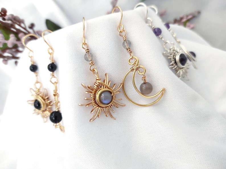 Crystal Sun and Moon Earrings, Dangle Earrings, Wire Wrap Crystal Earrings zdjęcie 1