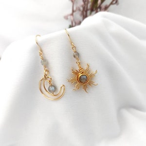 Crystal Sun and Moon Earrings, Dangle Earrings, Wire Wrap Crystal Earrings zdjęcie 6