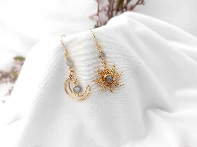 Crystal Sun and Moon Earrings, Dangle Earrings, Wire Wrap Crystal Earrings image 6