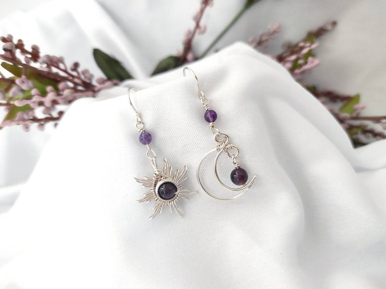 Crystal Sun and Moon Earrings Dangle Earrings Wire Wrap Etsy