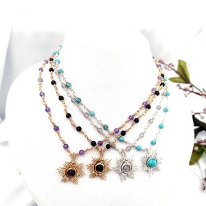 Silver and Gold Sun Necklace, Wire Wrapped Crystal Necklace, Gemstone Boho Necklace