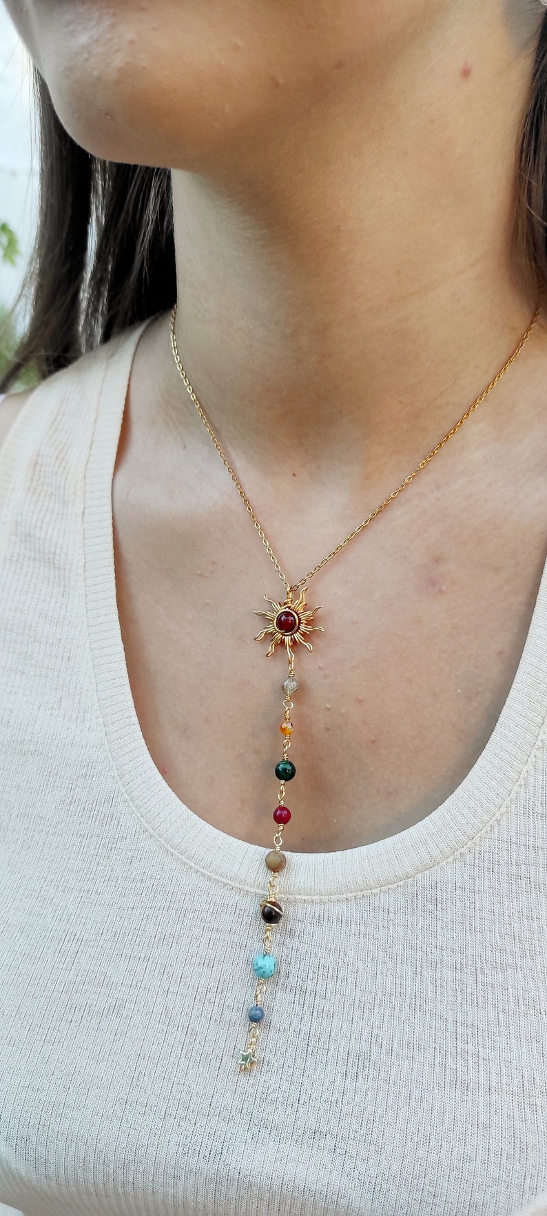 Solar System Necklace, Y Necklace ,Wire Wrapped Crystal Necklace, Gold Stainless Steel Necklace, Long Necklace image 2