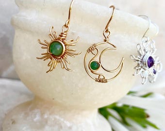 Zon en maan oorbellen, hangende kristallen oorbellen, niet-overeenkomende kristallen oorbellen Cadeau voor vrouwen Haar vrienden moeder