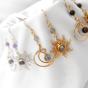 Crystal Sun and Moon Earrings, Dangle Earrings, Wire Wrap Crystal Earrings image 4