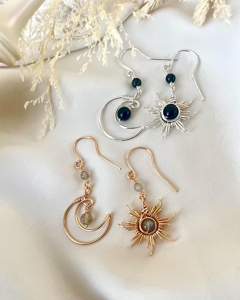 Crystal Sun and Moon Earrings, Dangle Earrings, Wire Wrap Crystal Earrings image 16