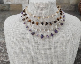Raw Crystals Necklace, Gold Plated Crystal Chain Chocker, Wire Wrapped Crystal Necklace , Boho Gemstone Necklace