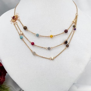 Sonnen-Halskette, Kristall-Halskette, goldfarbene Edelstahl-Halskette, mehrkettige Halskette Bild 6