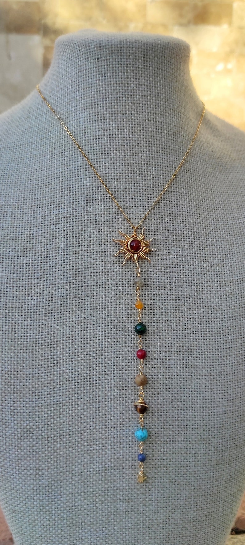 Zonnestelsel ketting, Y ketting, Wire Wrapped Crystal ketting, gouden roestvrijstalen ketting, lange ketting afbeelding 4