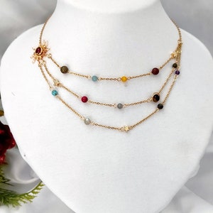 Collier soleil, collier en cristal, collier superposé en acier inoxydable doré, collier multichaînes