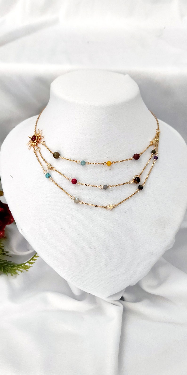 Sonnen-Halskette, Kristall-Halskette, goldfarbene Edelstahl-Halskette, mehrkettige Halskette Bild 1